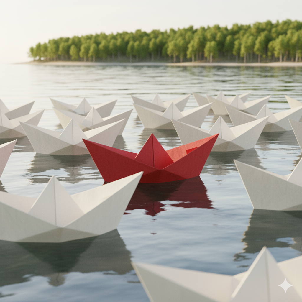White paper boat leading among boats